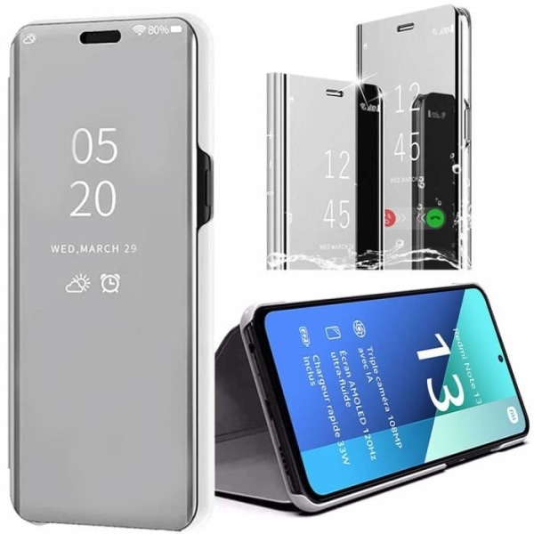 Fodral för Xiaomi Redmi Note 13 4G (inte för 5G), Smart stötsäkert hård PC-fodral med spegelklaff och stativ - Silver Silver