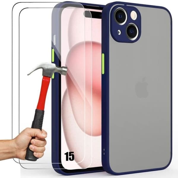 Coque - E.F.CONNECTION - för iPhone 15 - Silikon - Mörkblå - 2 Härdat Glas Ingår marinblå