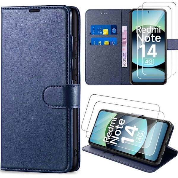 Coque + 2 Härdade Glas för Xiaomi Redmi Note 14 4G (inte för 5G) Skydd i Syntetiskt Läder Stöttålig Marinblå marinblå