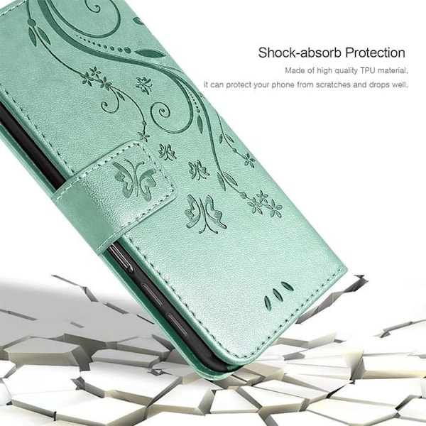 Coque + 2 Tåliga Glas för Xiaomi Redmi 14C, Stötdämpande Skydd i Syntetläder med Fjäril och Blommönster Grön Grön