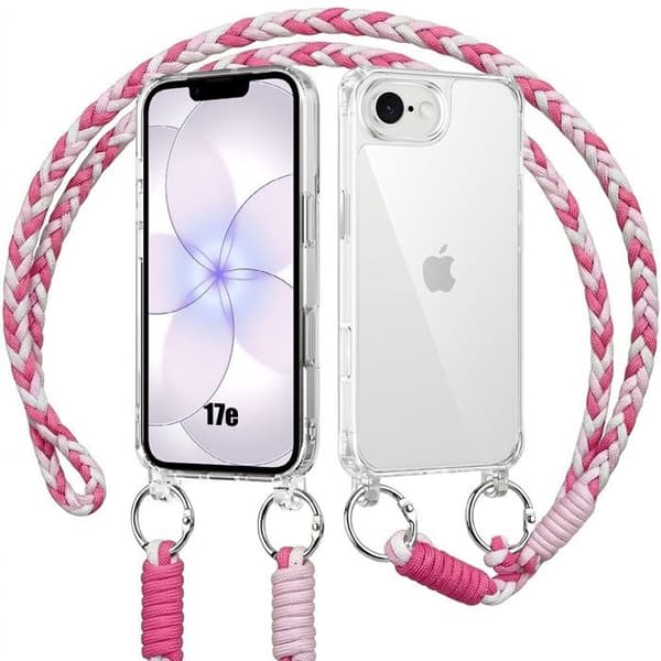 iPhone 17e-fodral, Solid Stöttålig Transparent med Rosa Vit Rem Vit, Rosa, Fuchsia, Transparent