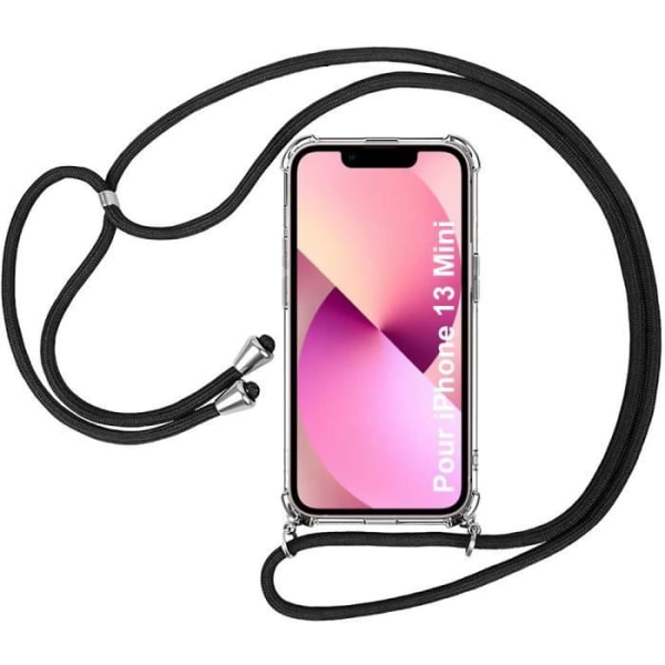 Skyddsfodral för iPhone 13 Mini - E.F.CONNECTION - Mjuk - Anti-Scratch Förstärkt hörn - Svart axelrem Transparent-svart