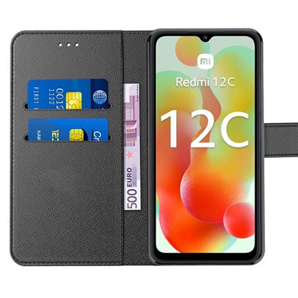 Etui til Xiaomi Redmi 12C-11A Flip-etui Lædereffekt Anti-ridse stødsikker - Sort