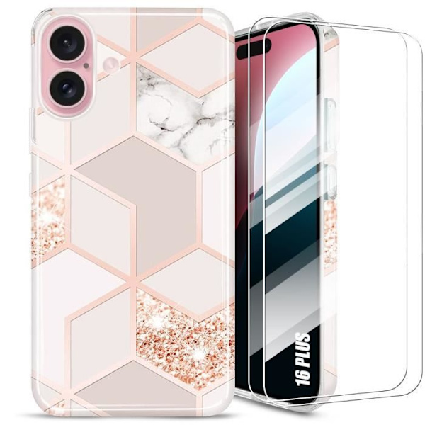 Fodral + 2 härdade glasögon för iPhone 16 Plus, Ultra Slim Shockproof Silikon + PC Resistant Anti-Scratch Pink