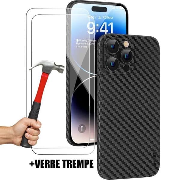 Skyddshölje - E.F.CONNECTION - för iPhone 14 Pro - Kolfiber - Stötsäker - 2 Härdade glas Svart