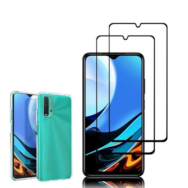 För Xiaomi Redmi 9T- 9 Power 6,53": UltraSlim Gel Silikonfodral - TRANSPARENT + 2x färgade härdat glasfilmer - SVART