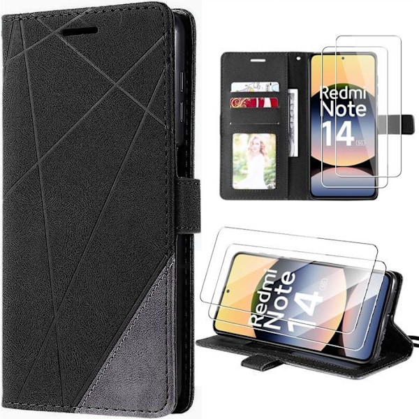 Coque + 2 Glas med Härdad Yta för Xiaomi Redmi Note 14 5G (inte för 4G) Rep motståndskraftig 360 Graders Skydd i PU-Läder Svart Svart