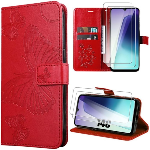 Coque för Xiaomi Redmi 14C, Skyddseffekt Läder Röd Fjärilar + 2 Härdat Glas Röd