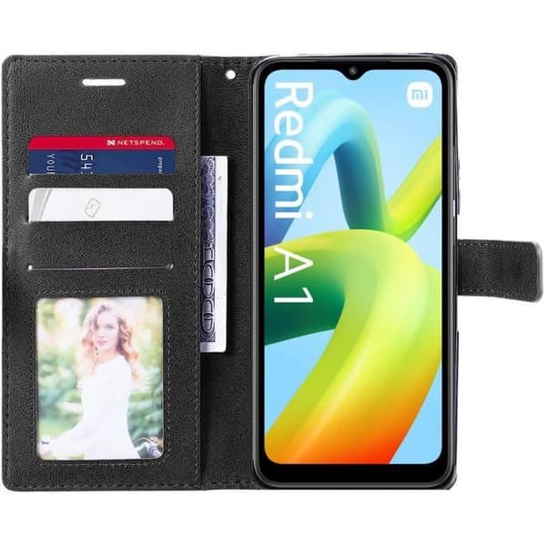 Plånboksfodral - E.F.CONNECTION - för Xiaomi Redmi A1/A2 - Marinblå läderlook - 2 härdade glas ingår marinblå