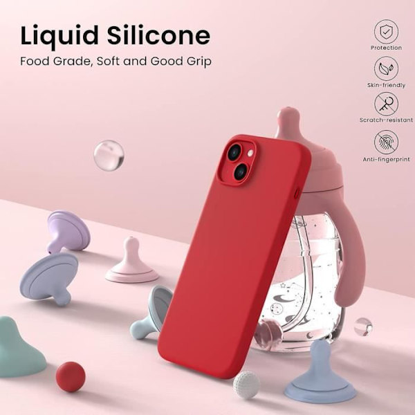Fodral för iPhone 15 Plus - Röd flytande silikon + 2 härdade glasögon och 2 bakre linsskydd
