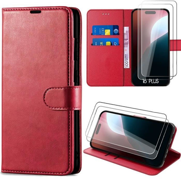 Coque iPhone 16 Plus - Röd - PU-läder - Repellent - 2 Härdade glas - Inbyggt ställ Röd