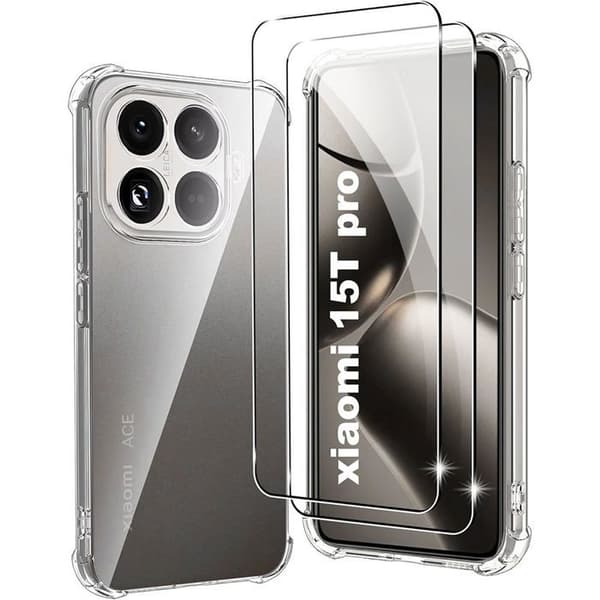 Skyddsfodral - E.F.Connection - Xiaomi 15T Pro - Silikonslank - Stötsäker - 2 Härdat Glas Transparent