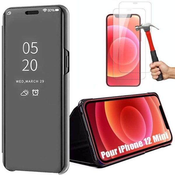 Fodral för iPhone 12 Mini (5,4") med 2 härdade glasögon Fullt skydd Spegeleffekt Smart Fodral Svart Svart