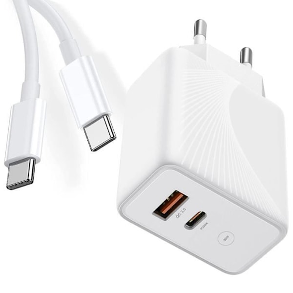 Hurtiglader 30W - E.F.CONNECTION - Dobbelt Port PD 20W + QC 3.0 - USB-C Kabel 1M - Kompatibel med Samsung Vit