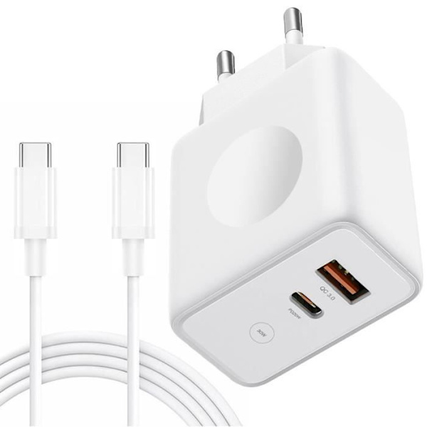 Laddare 30W - E.F.CONNECTION - 2 portar QC 3.0+PD - USB-C-kabel ingår - Kompatibel med Google Pixel 6/7/8/9 Vit