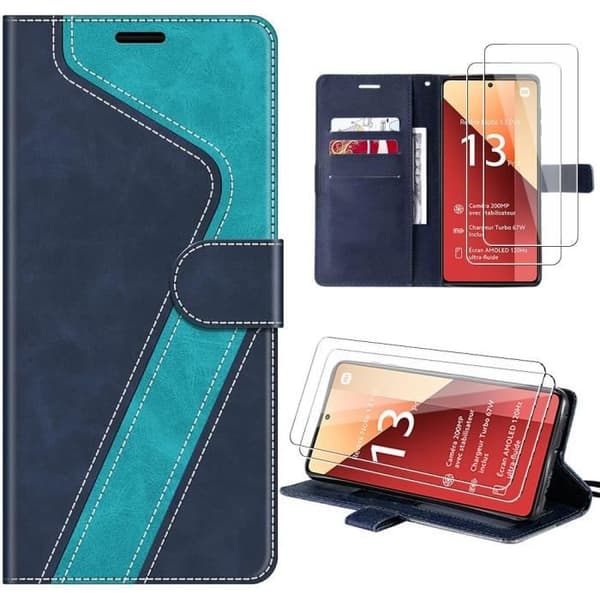 Coque + Härdat Glas - E.F.Connection - för Xiaomi Redmi Note 13 Pro 4G - Läderlook - Rep resistant skydd - Blå Blå