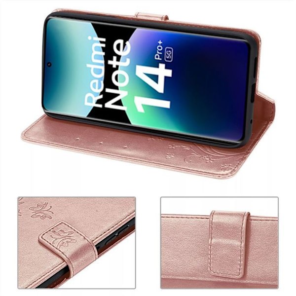 Fodral och 2 djupfrysta glas för Xiaomi Redmi Note 14 Pro Plus 5G/Note 14 Pro+ 5G, konstläder med fjäril och rosblommönster Rosa