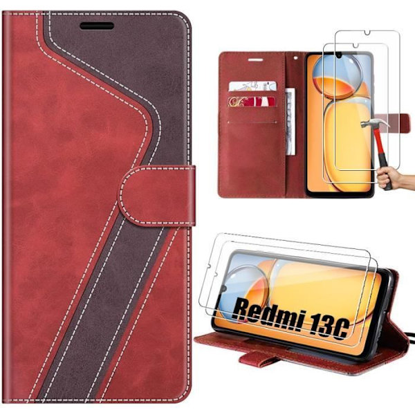 Fodral för Xiaomi Redmi 13C - Röd - Mjuk - Fällbar skydd - 2 Härdade glas Rött och brunt