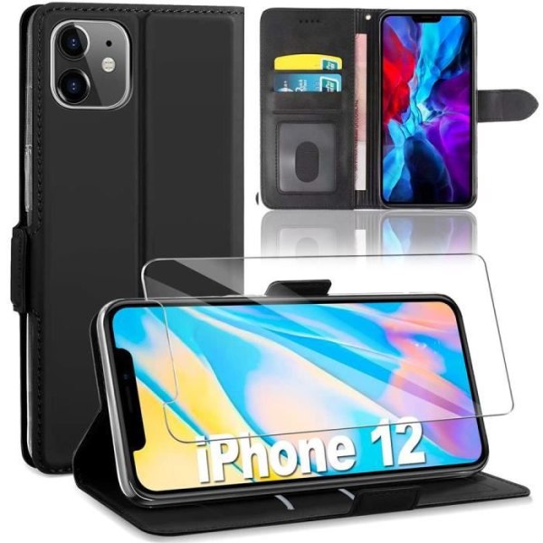 Coque Etui Rabat - E.F.CONNECTION - iPhone 12 Mini - Skydd 360° - Syntetiskt läder - Härdat glas Svart