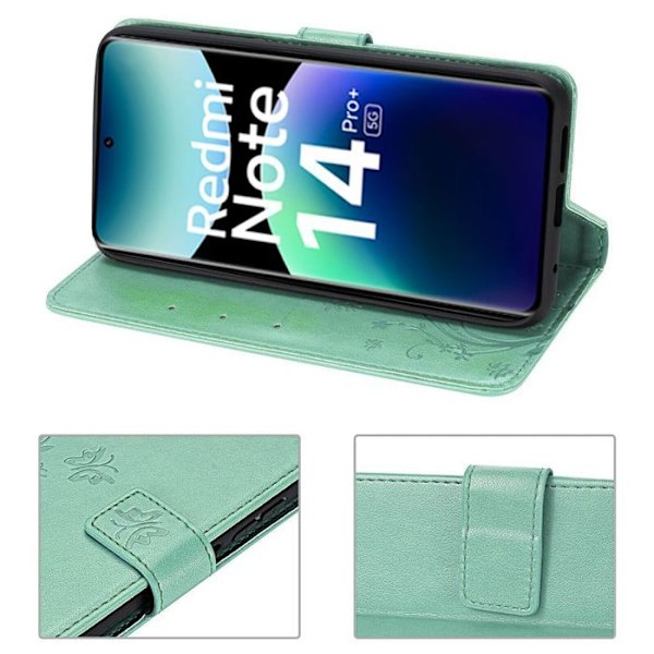 Coque för Xiaomi Redmi Note 14 Pro Plus 5G/Note 14 Pro+ 5G, Skydd Klapp Syntetiskt Läder Grön Fjäril Blommönster Grön