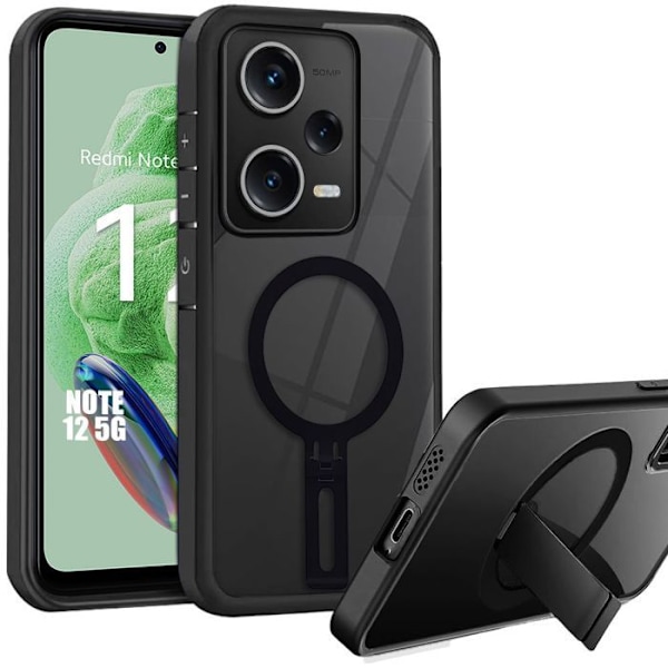 Coque för Xiaomi Redmi Note 12 5G (inte för 4G) Hybrid Antichockskydd med Fällbart Magnetiskt Stöd Svart Transparent, svart