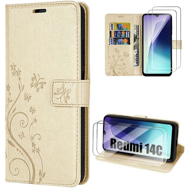 Coque og 2 Våde Glas til Xiaomi Redmi 14C, Beskyttelse med Klap i Syntetisk Læder Stødabsorberende Guld Sommerfuglemotiv gyllene