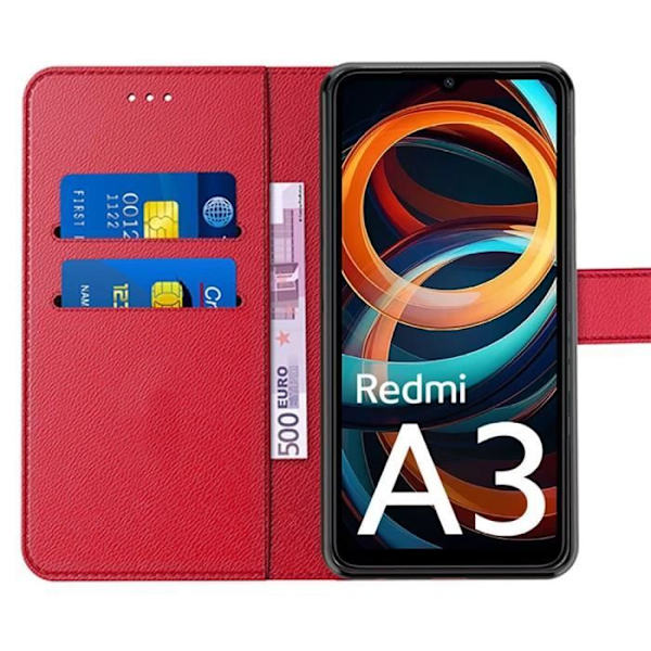 Coque för Xiaomi Redmi A3 - E.F.Connection - Röd - Antichock Läder Effekt - 2 Härdat Glas - Justerbart Stöd Röd