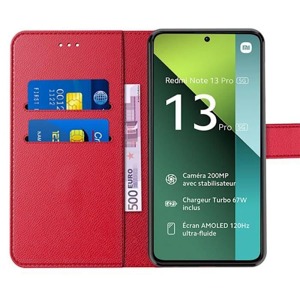 Fodral till Xiaomi Redmi Note 13 Pro 5G (ej för 4G), rött PU-läder med korthållare och stativfunktion + 2 härdade glasögon