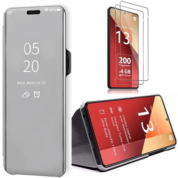 Etui til Xiaomi Redmi Note 13 Pro 4G (ikke til 5G), stødsikkert smart etui Silver Mirror Effect + 2 hærdede briller