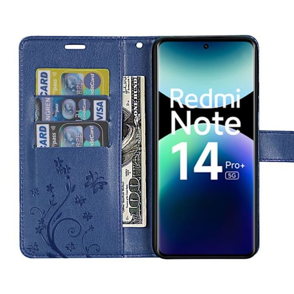 Coque + 2 Glas i Tempererat för Xiaomi Redmi Note 14 Pro Plus 5G/Note 14 Pro+ 5G, Mörkblå Syntetläder Med Fjärilsmönster marinblå
