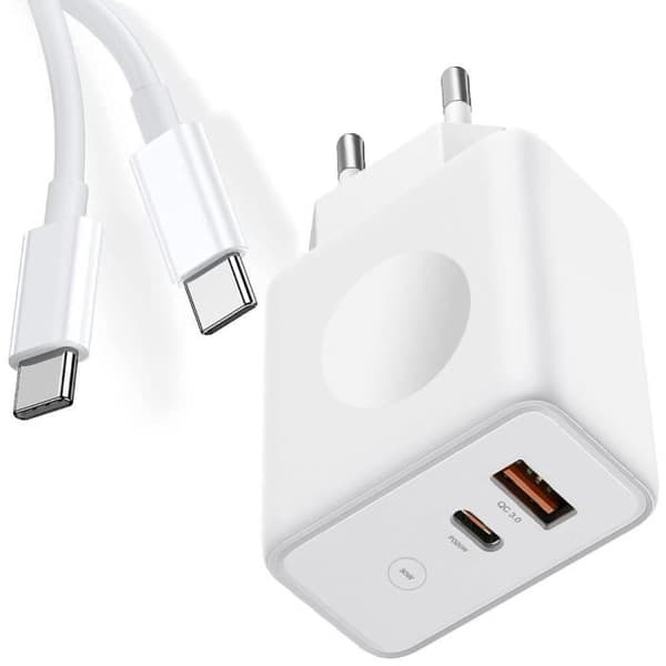 Snabbladdare 30W - E.F.CONNECTION - 2 portar - PD 20W - QC 3.0 - USB-C 1M Vit