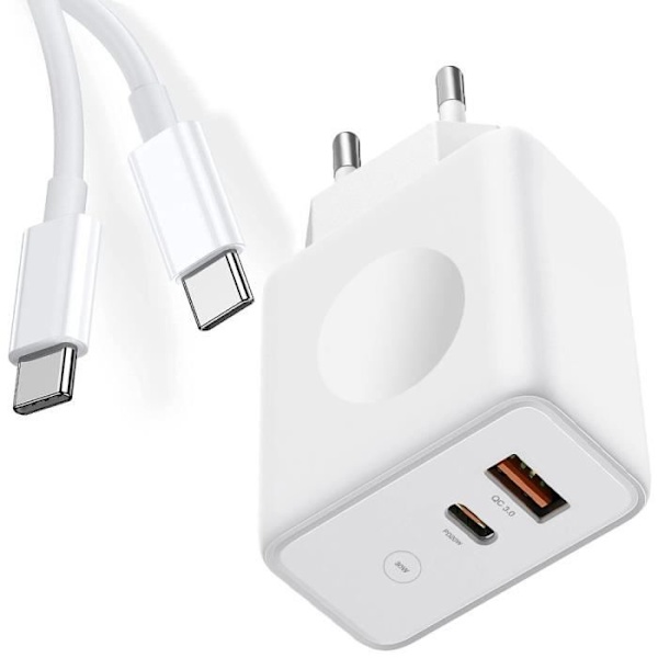 Snabbladdare 30W - E.F.CONNECTION - 2 portar - PD 20W - QC 3.0 - USB-C-kabel 1M Vit