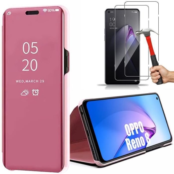 Etui til OPPO Reno 8 5G med 2 hærdede briller Fuld beskyttelse spejleffekt Smart etui Pink Rosa