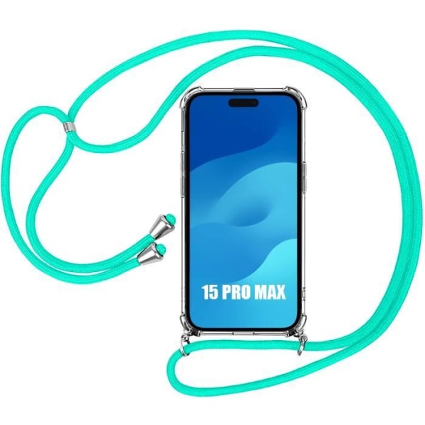 Cover til iPhone 15 Pro Max Beskyttelse Forstærket TPU stødsikker gennemsigtig med lanyard turkis