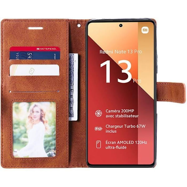 Fodral till Xiaomi Redmi Note 13 Pro 4G (inte för 5G) med 2 härdade glasögon, skydd PU-läder Brun