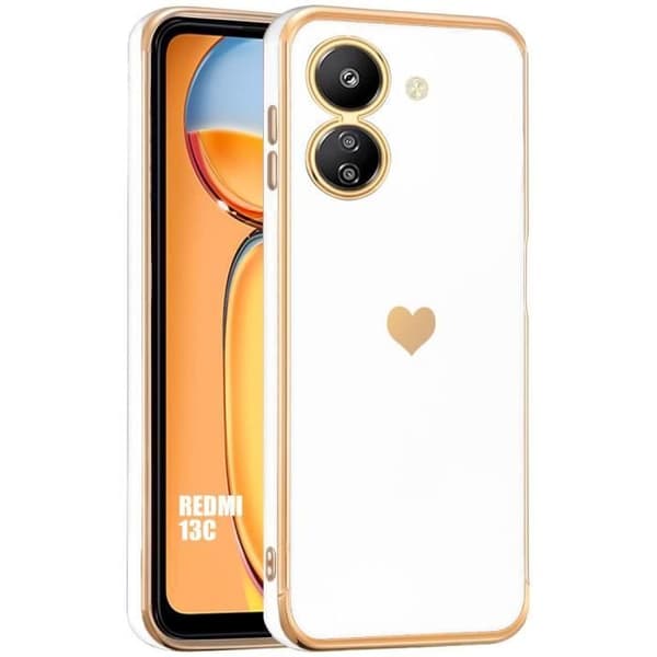 Coque - E.F.CONNECTION - för Xiaomi Redmi 13C - Vit - Stötsäker - Guldhjärtmönster Vit
