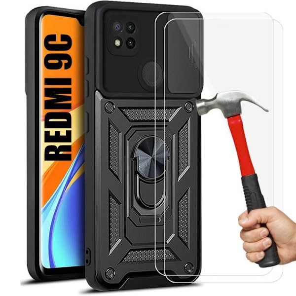 Skyddsskal - E.F.CONNECTION - För Redmi 9C - Svart - Militärstil - Härdat glas Svart