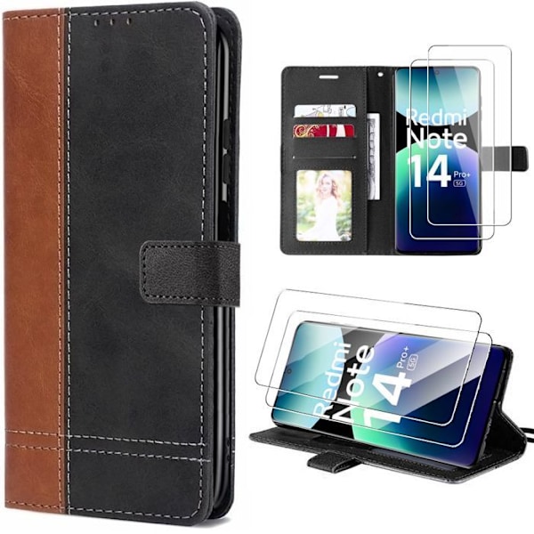 Coque + 2 Tempererede Glas til Xiaomi Redmi Note 14 Pro Plus 5G/Note 14 Pro+ 5G, Stødabsorberende Beskyttelse af Syntetisk Læder Brun Brun svart