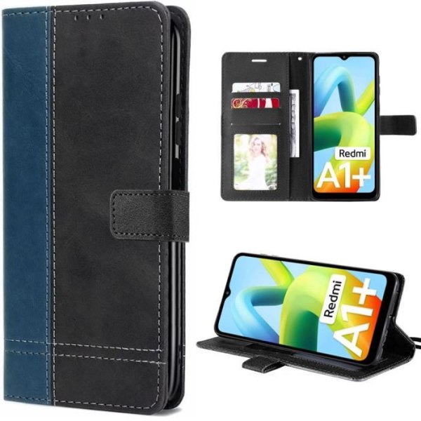Full Cover Case til Redmi A1+/A2+ / A1 Plus/A2 Plus - Tofarvet syntetisk læder flipbeskyttelse - Sort/Marineblå Mörkblå - Svart