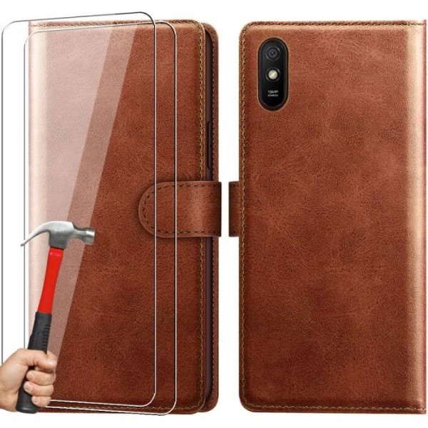 Beskyttelsesskal - E.F.CONNECTION - til Redmi 9A - Læder Effekt - Helstøbt Stødabsorberende - Brun - 2 Tempererede Glas kastanj