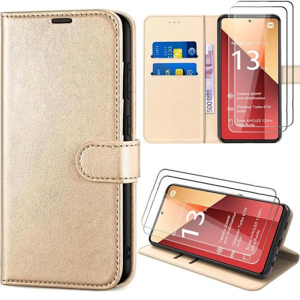 Coque - Xiaomi - Redmi Note 13 Pro 4G - Guldläderseffekt - Magnetstängning - 2 Härdat glas gyllene
