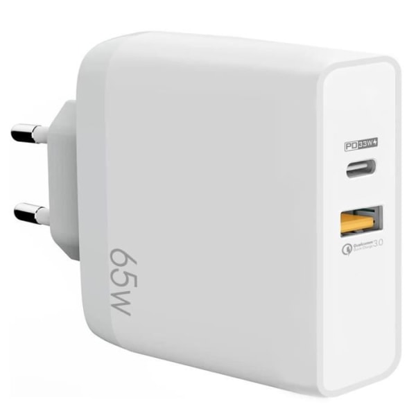 Snabb Laddare 65W Adapter 2 Portar - PD USB-C 33W + QC 3.0 USB-A för Redmi 14C 13C 12C 10C 10A 10 9C 9T Vit