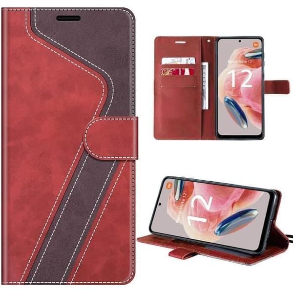 Coque - E.F.Connection - för Redmi Note 12 4G - Folio Etui i PU-läder - Röd - Plånbok och Ställning Rödbrun