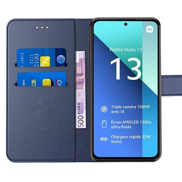 Fodral för Xiaomi Redmi Note 13 4G (ej för 5G) + 2 härdade glasögon, stötsäkert PU-läder, korthållarfunktion - Marinblå