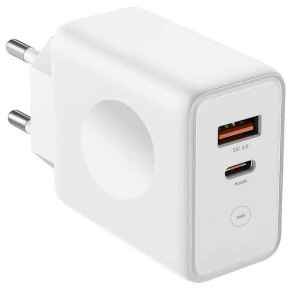 30W 2-portars QC 3.0+PD 20W väggladdare för OPPO A15 A16 A16S A52 A53 A53S A54 5G - Vit Vit