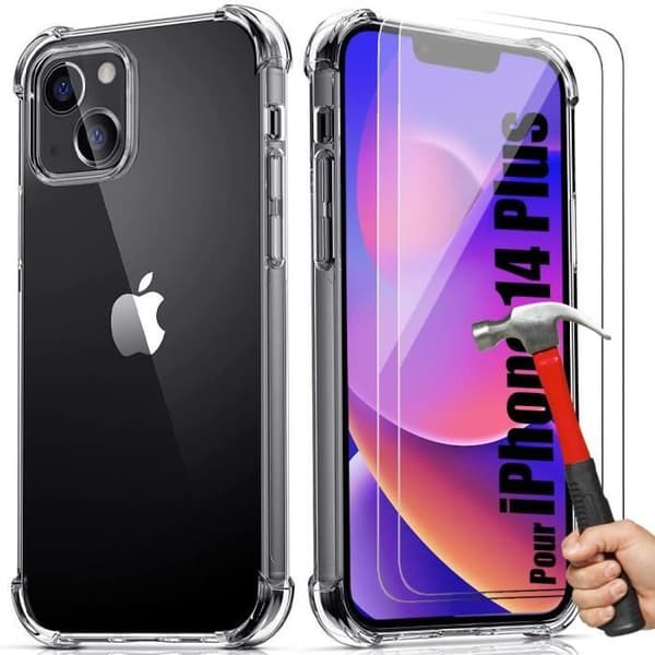 Siliconfodral - E.F.CONNECTION - för iPhone 14 Plus - Stöttålig silikon - 2 härdade glas - 4 förstärkta hörn Transparent