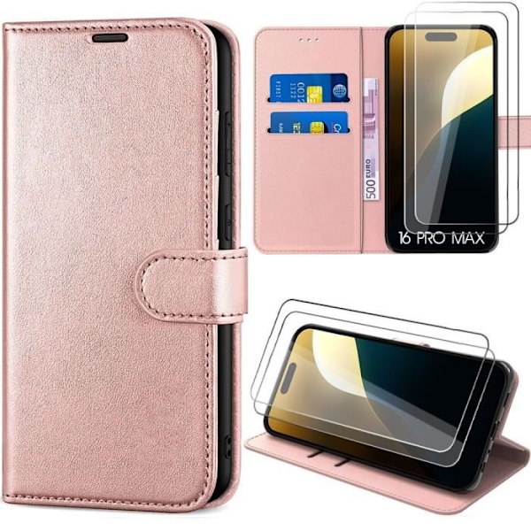 2 hærdede briller + etui til iPhone 16 Pro Max, anti-ridse stødsikkert etui med lædereffekt Pink