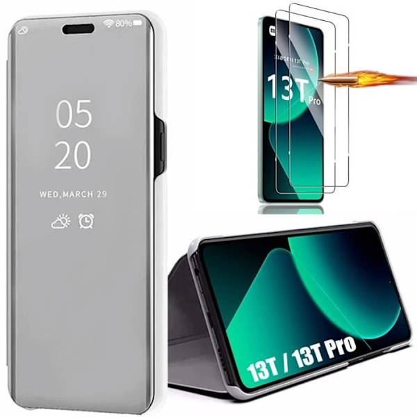 Skydd för Xiaomi 13T/13T Pro - Silver - Spegeleffekt - 2 Härdade glas - Fuktskydd med klaff Silver