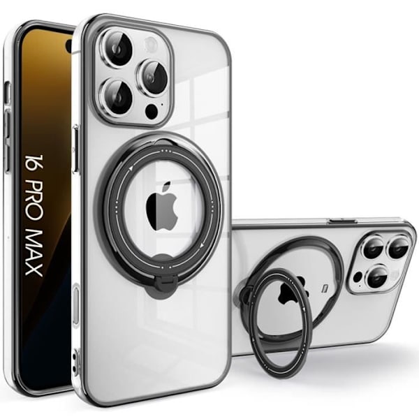 Cover til iPhone 16 Pro Max - Beskyttelse med roterende magnetisk ring og sort kromeffektkant