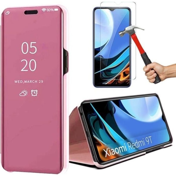 Etui til Redmi 9T (6,39") + hærdet glas Trendy design anti-shock spejleffekt Solid Pink rosa